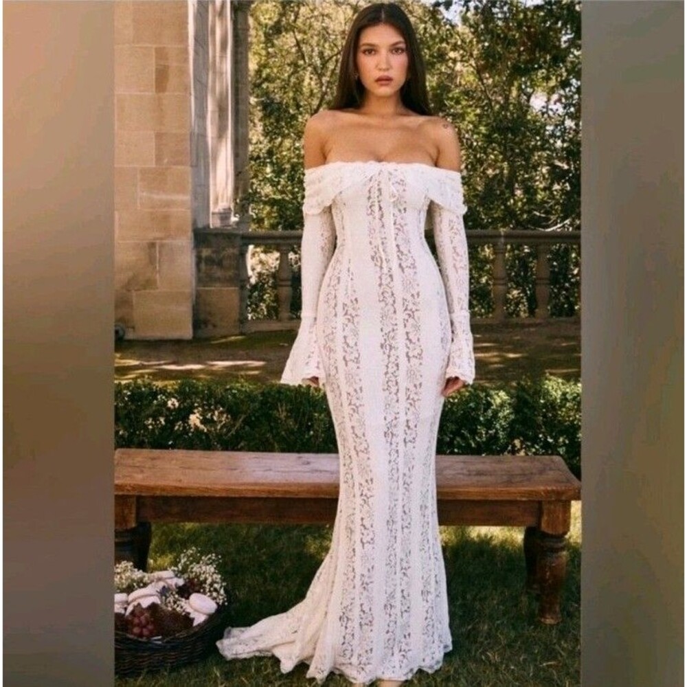 NWT Ivory Lace Mermaid Maxi Bridal Dress Sz L Train Boho Romantic Wedding